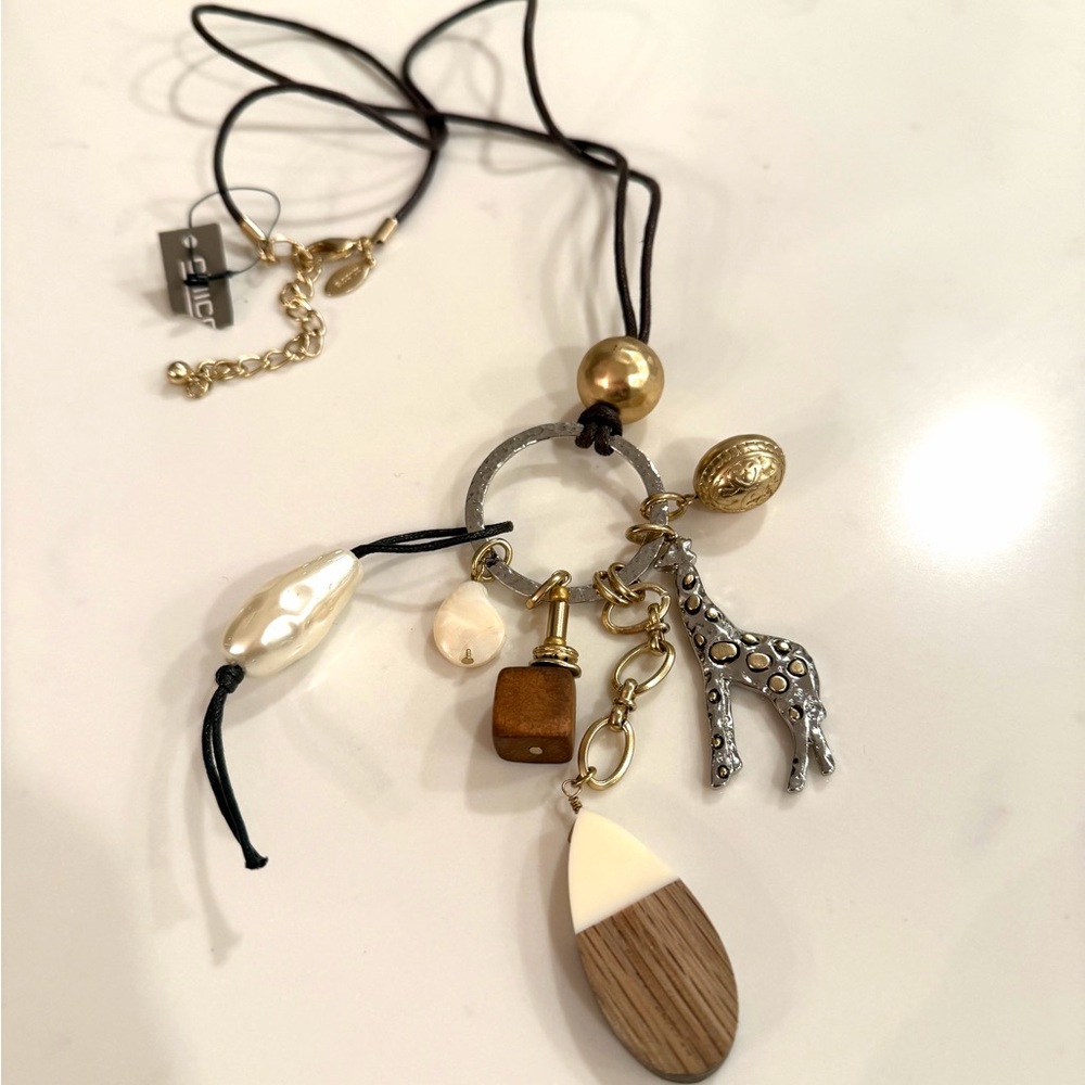 CHICO’S•silver & gold leather cord long giraffe charm necklace NWT